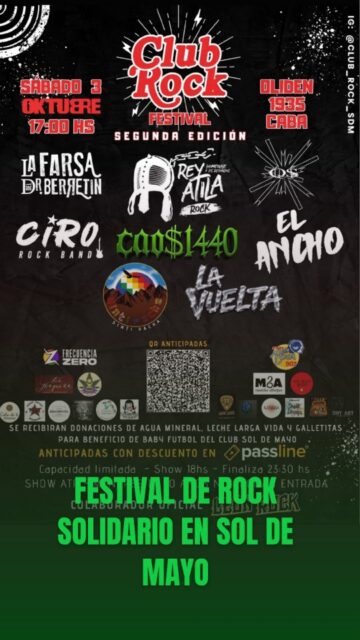 🎸🔥 FESTIVAL SOLIDARIO – CLUB SOL DE MAYO 🔥🎸
📅 3 DE OCTUBRE
🕔 Apertura: 17 hs
📍 Oliden 1935 – Club Sol de Mayo
Una noche para disfrutar de la música, encontrarnos y, sobre todo, dar una mano ❤️
🎶 8 BANDAS
🎤 2 ESCENARIOS
🛍️ 15 puestos de emprendedores
🎨 Tatuajes en vivo
🍔 Gastronomía
🍻 Barra
🎸 LADO A
• Rey Átila
• La Farsa del Dr. Berretín
• Ciro Rock
• Sinatra’s
🎸 LADO B
• Sinti Pacha
• CAOS 1440
• El Ancho
• La Vuelta
🎟️ ENTRADAS ANTICIPADAS: $15.000
📍 Conseguí tu entrada en:
• Passline
• La Choppe
• Club Sol de Mayo
• León Rock
❤️ ¿PARA QUÉ ES TODO ESTO?
Lo recaudado será destinado al viaje de 80 nenes y nenas de baby fútbol que participarán del Torneo Interprovincial en Gualeguaychú ⚽🏆
🎶 Música + emprendimientos + gastronomía + solidaridad.

¡Te esperamos! 🙌
#FestivalSolidario #ClubSolDeMayo #BabyFutbol #Gualeguaychu #Festival MusicaEnVivo Emprendedores Oliden1935 Solidaridad FutbolInfantil